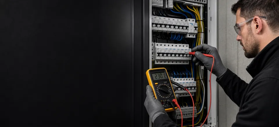 Electrician professionally inspecting a modern distribution board